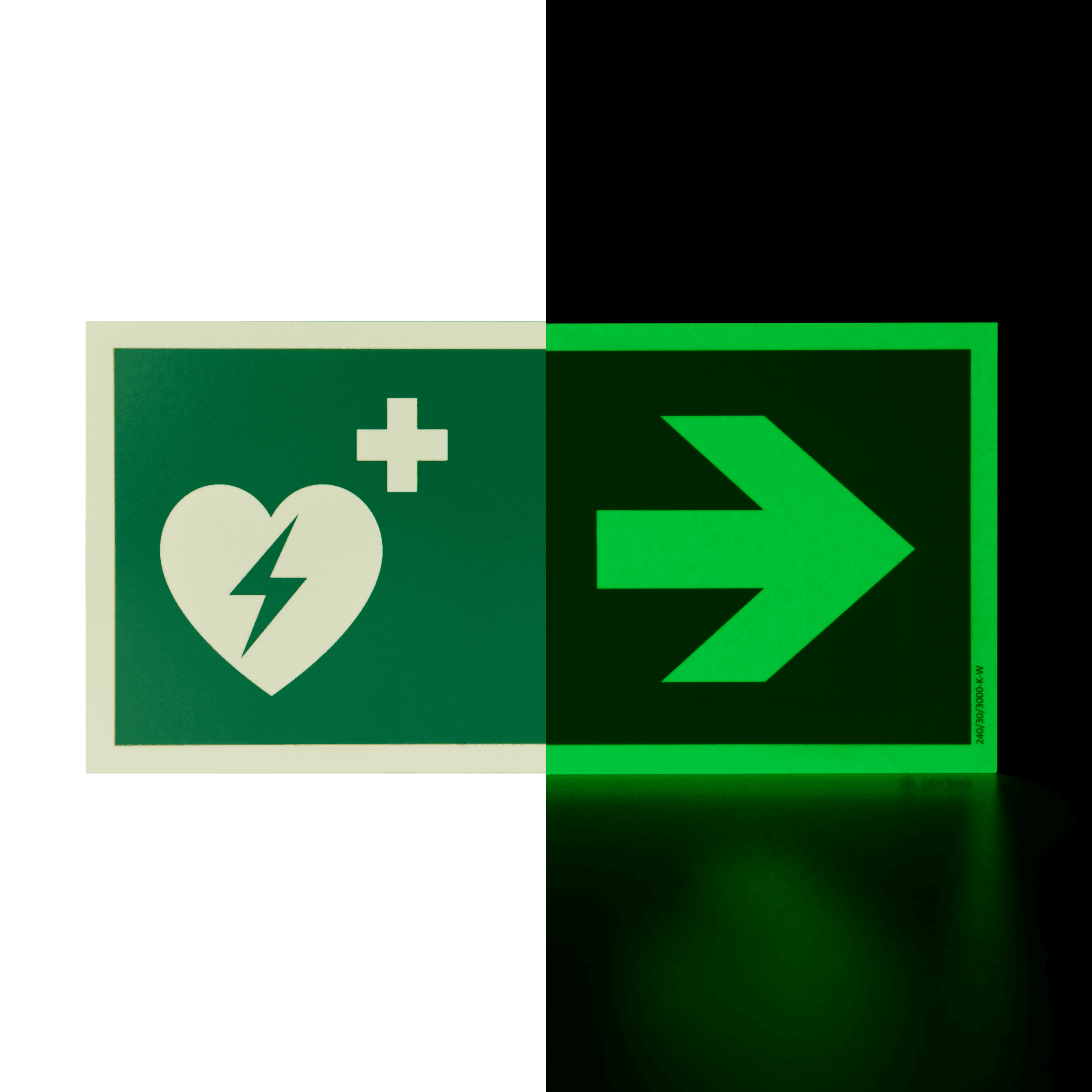 Hinweisschild Defibrillator mit Richtungspfeil nach rechts - photolumineszierend Hinweisschild Defibrillator mit Richtungspfeil nach rechts - photolumineszierend