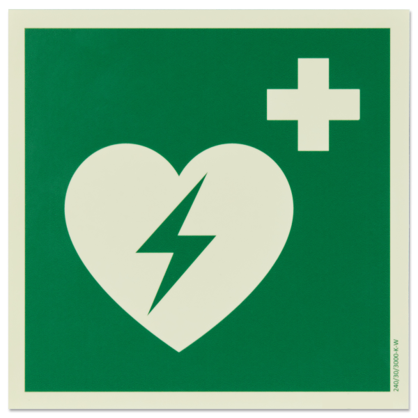 defibrillator aed hinweisschild mit aed piktogramm (photolumineszierend, langnachleuchtend)
