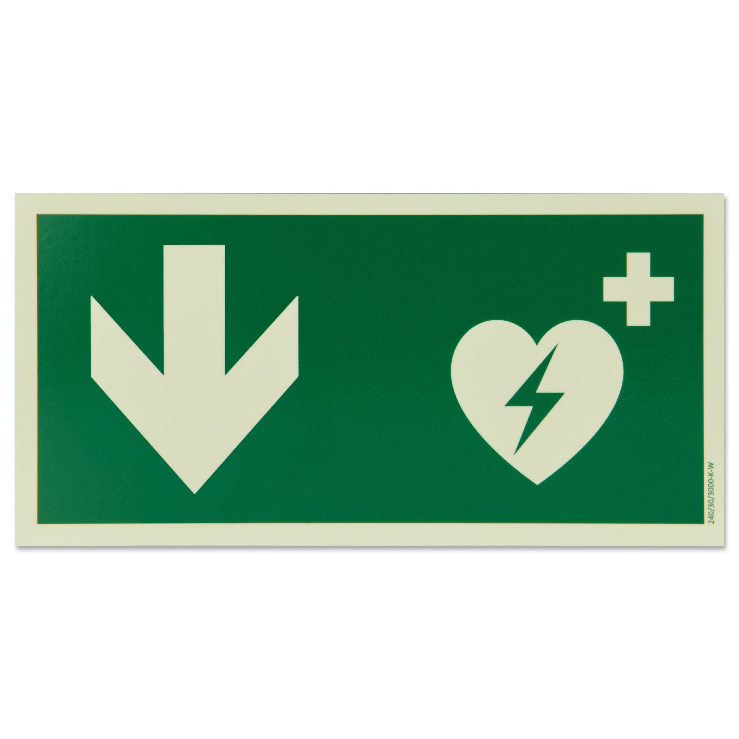 defibrillator aed hinweisschild mit pfeil nach unten (photolumineszierend, langnachleuchtend)