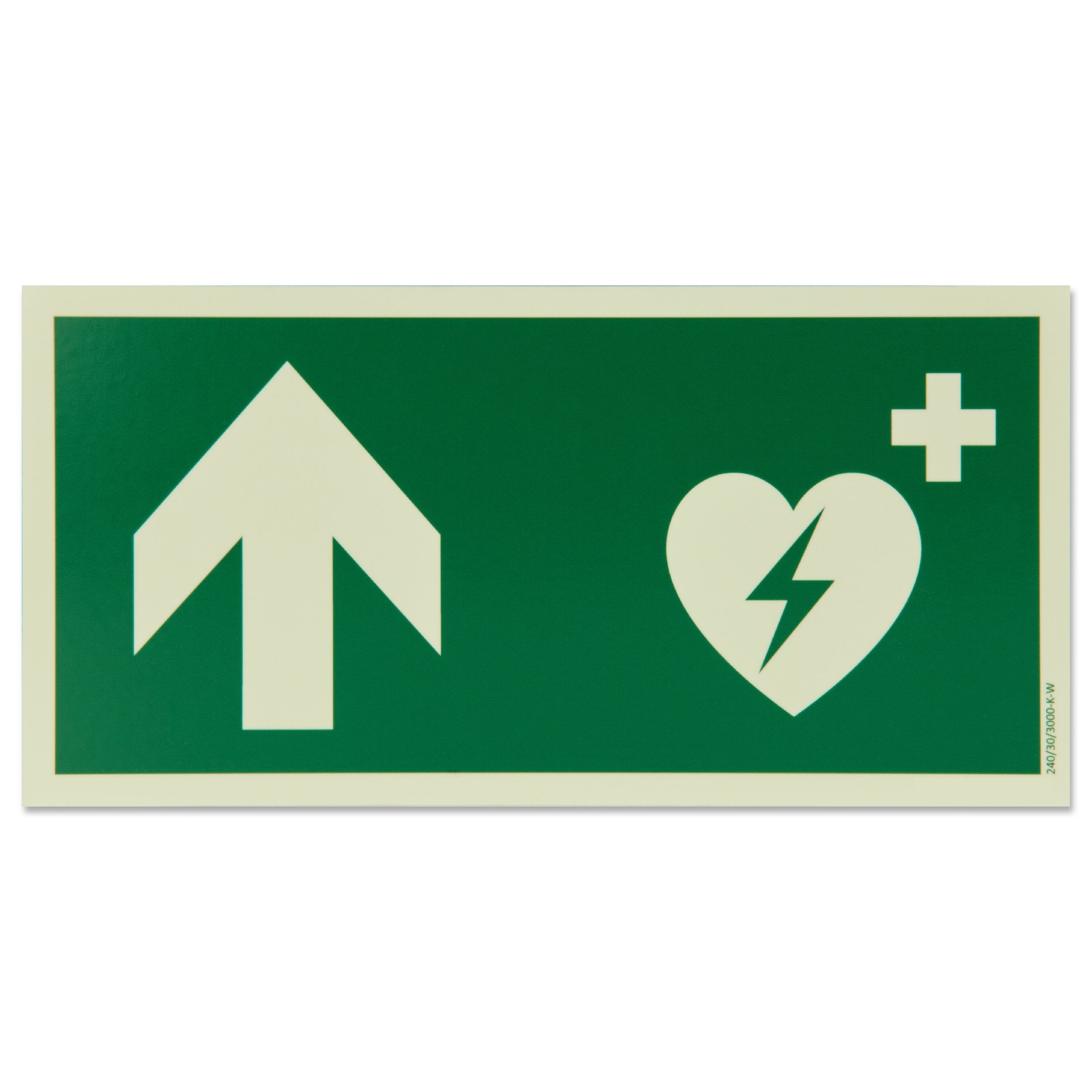 defibrillator aed hinweisschild mit pfeil nach vorne bzw oben (photolumineszierend, langnachleuchtend)