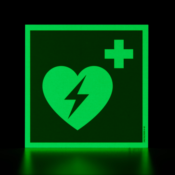 defibrillator aed hinweisschild mit aed piktogramm (photolumineszierend, langnachleuchtend)